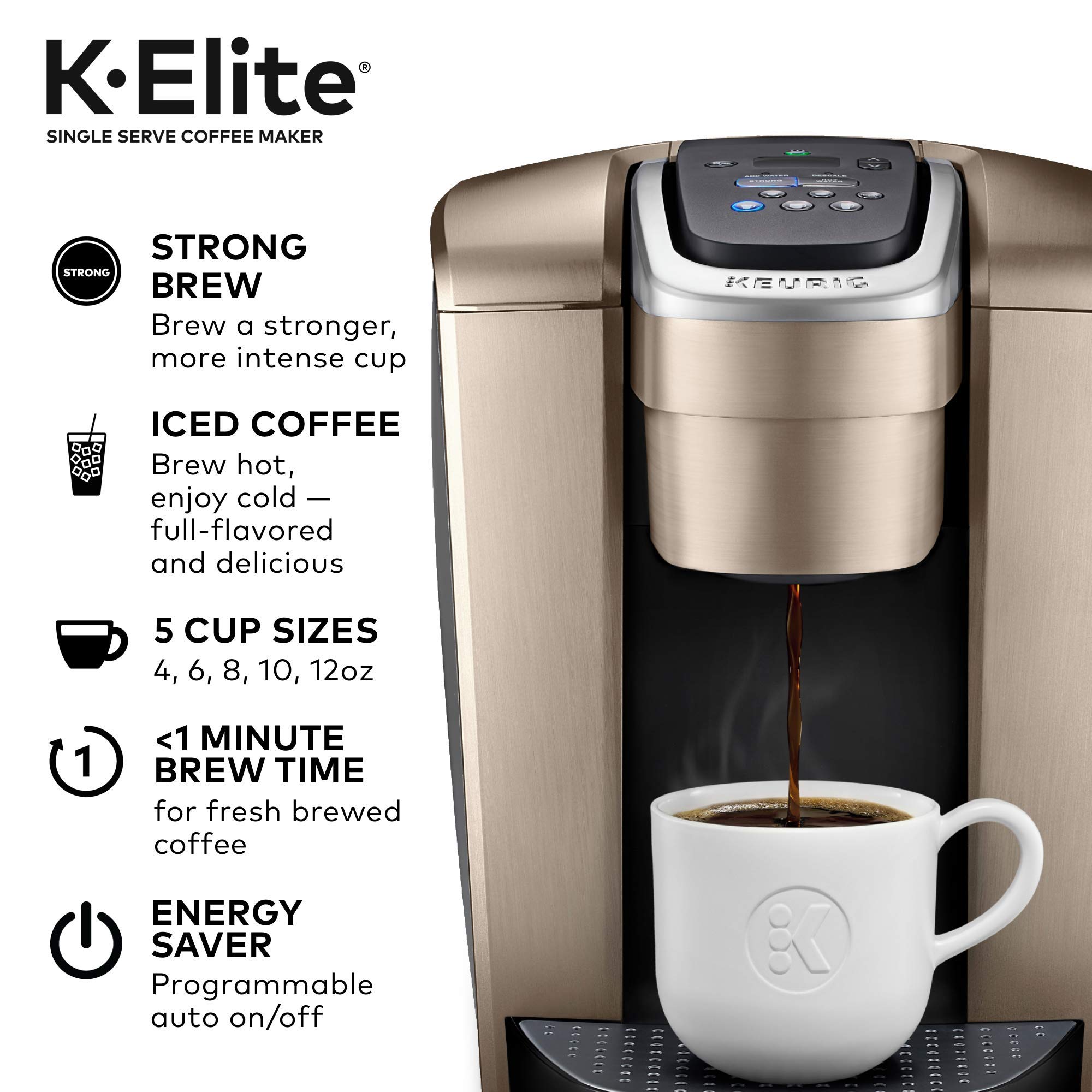 Keurig K-Elite Coffee Maker, Single Serve K-Cup Pod Coffee Brewer, Brushed Gold & 3-Month Brewer Maintenance Kit Includes Descaling Solution, Water Filter Cartridges & Rinse Pods, 7 Count