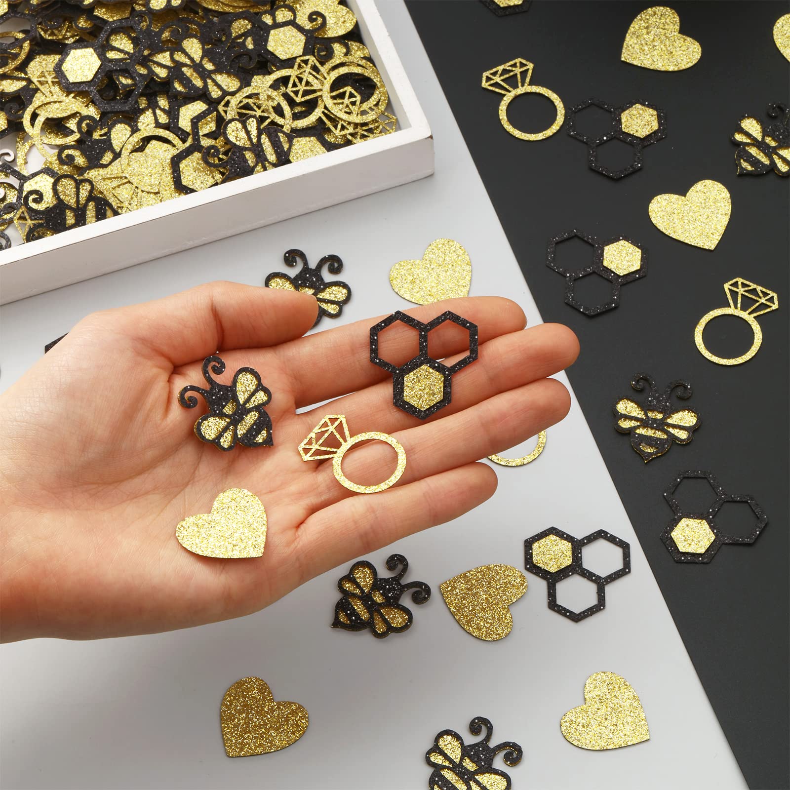 JOYMEMO 200pcs Bee Bridal Shower Confetti, Bride to Bee Decorations Black Gold, Glitter Bee Paper Table Confetti Scatters Decor for Bridal Shower, Bachelorette, Engagement, Wedding Party Supplies