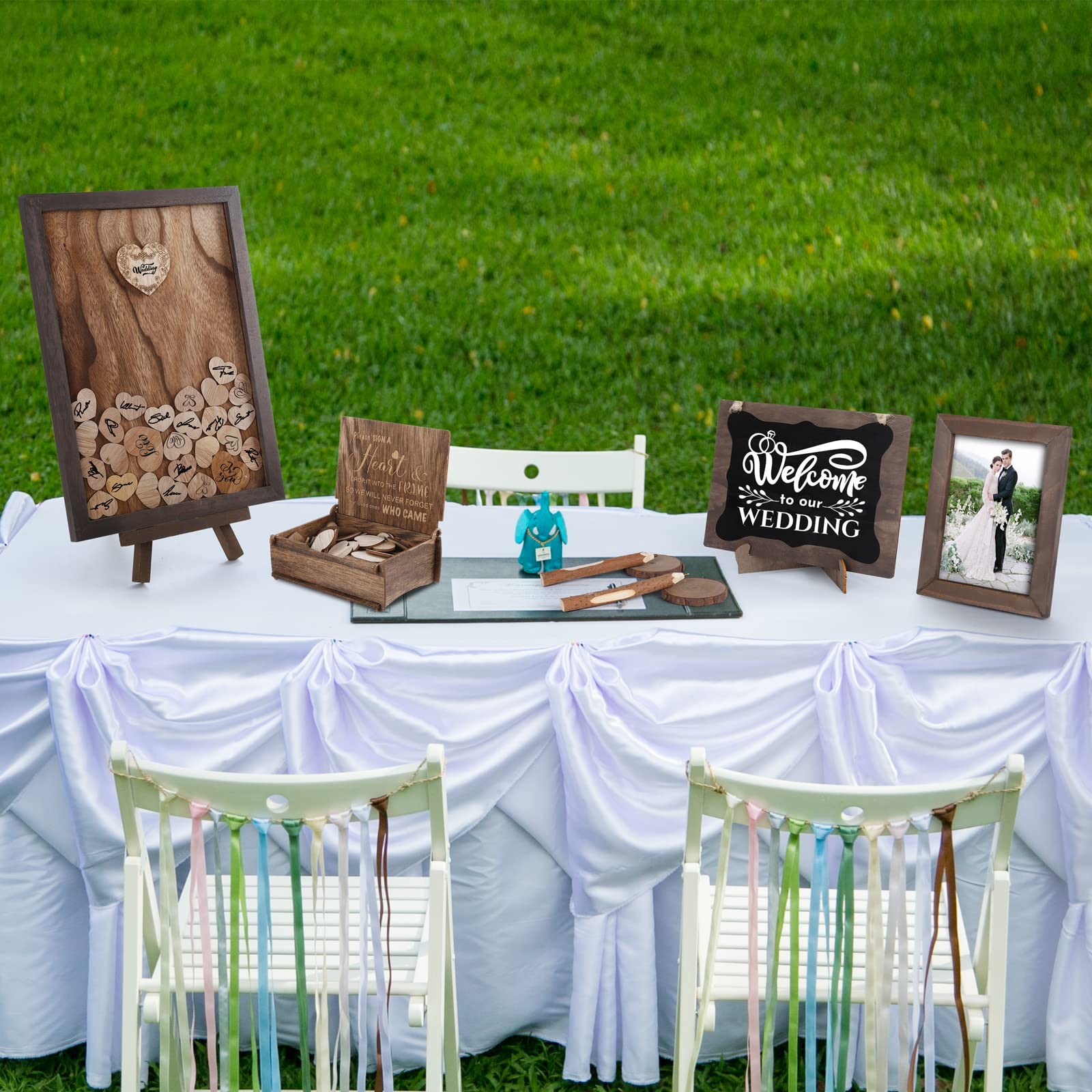 durony Wedding Guest Book Set Drop Top Frame Sign Book with 122 Pieces Wooden Hearts Wooden Picture Frame Rustic Wedding Decorations for Reception Wedding Gift, Log Brown