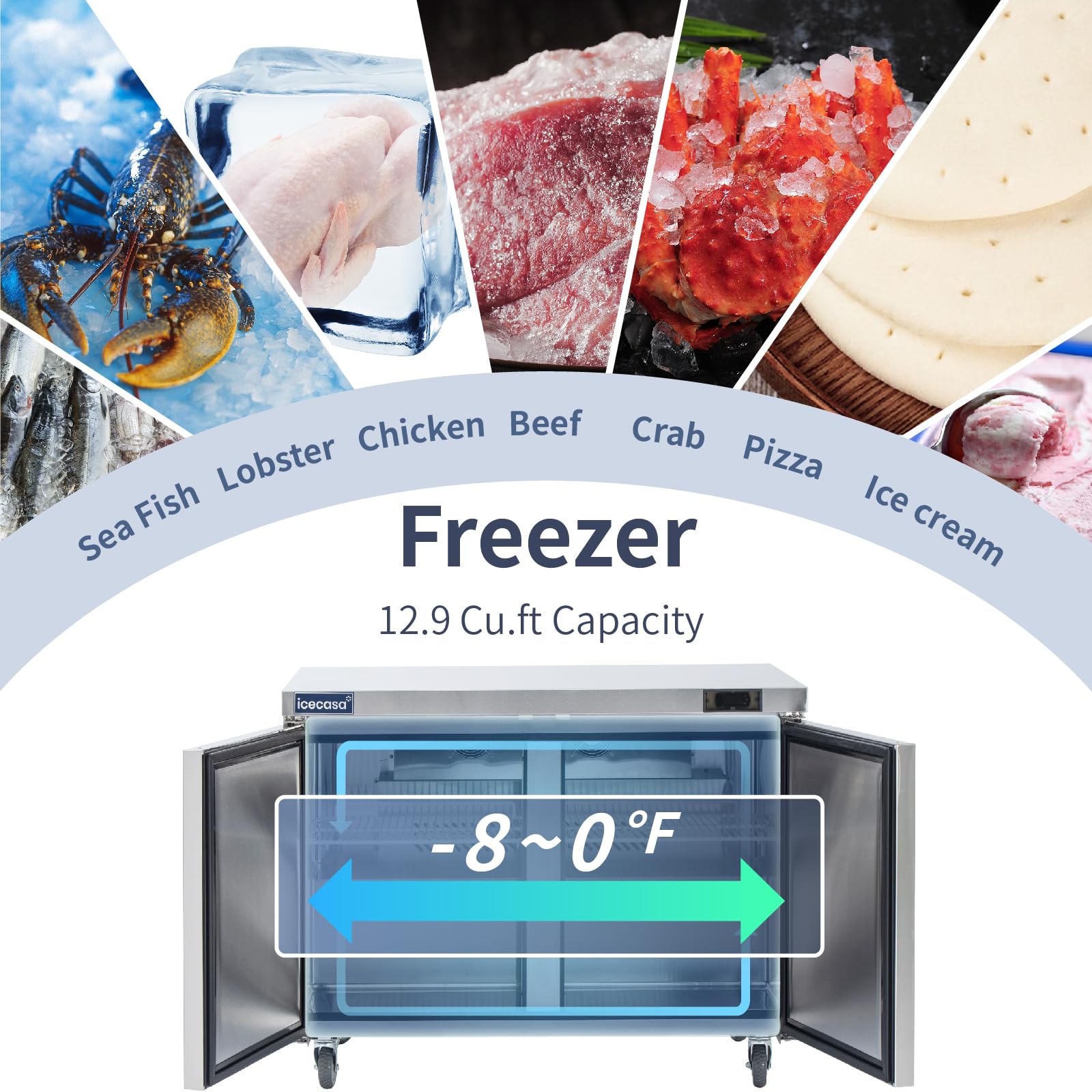 ICECASA 48" W Commercial Freezer Worktop Undercounter Freezer Single Door Stainless Steel Counter Fan Cooling Freezer 13 Cu.ft for Restaurant, Bar, Shop, etc