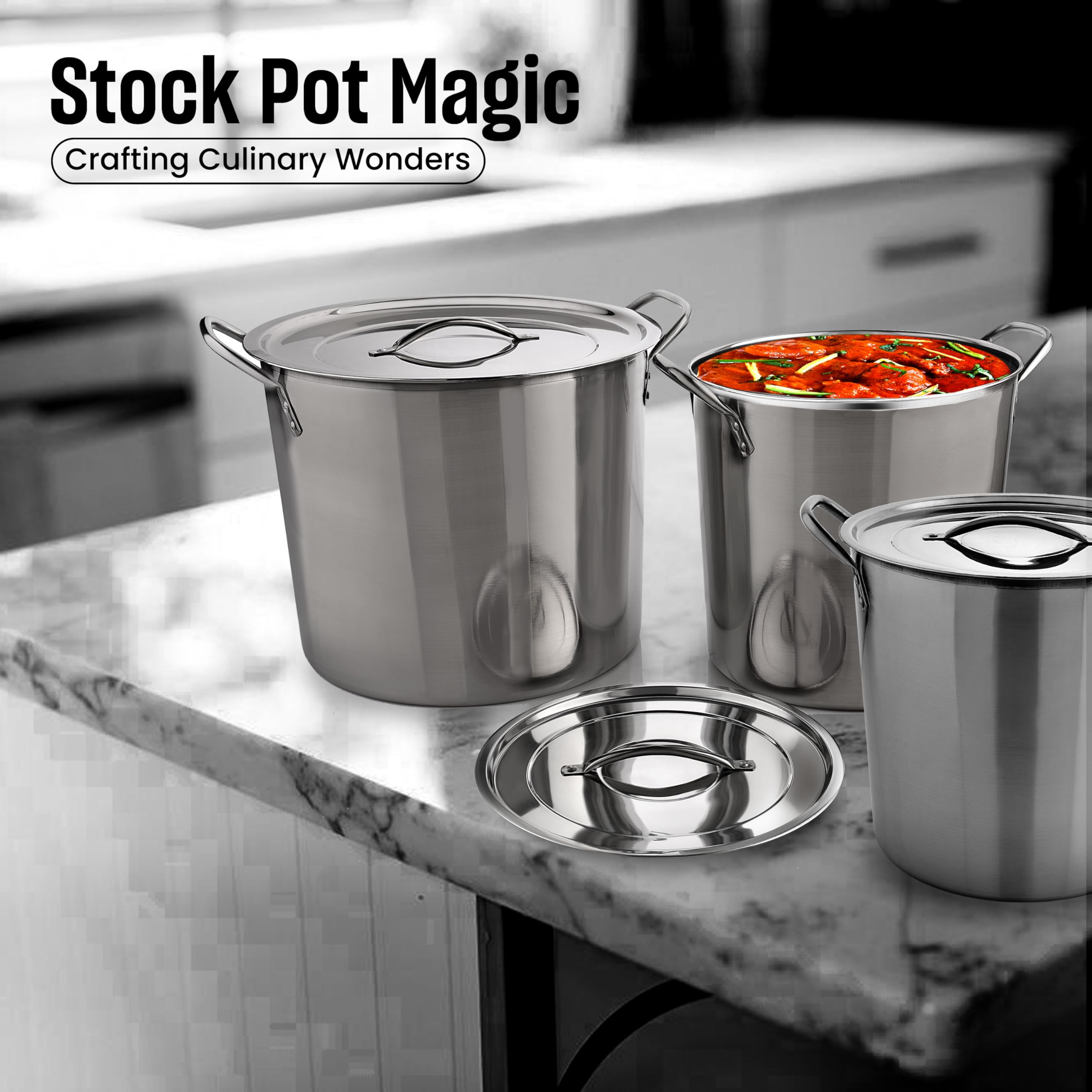 MARBELLA 6 pcs set (6/8/12) Quart Stainless Steel Stockpot with Lid Food Grade Heavy Duty Multipurpose Stock Pot for Stew, Simmering, Soup Pot, Gas and Dishwasher Safe Rust Free Cookware Silver