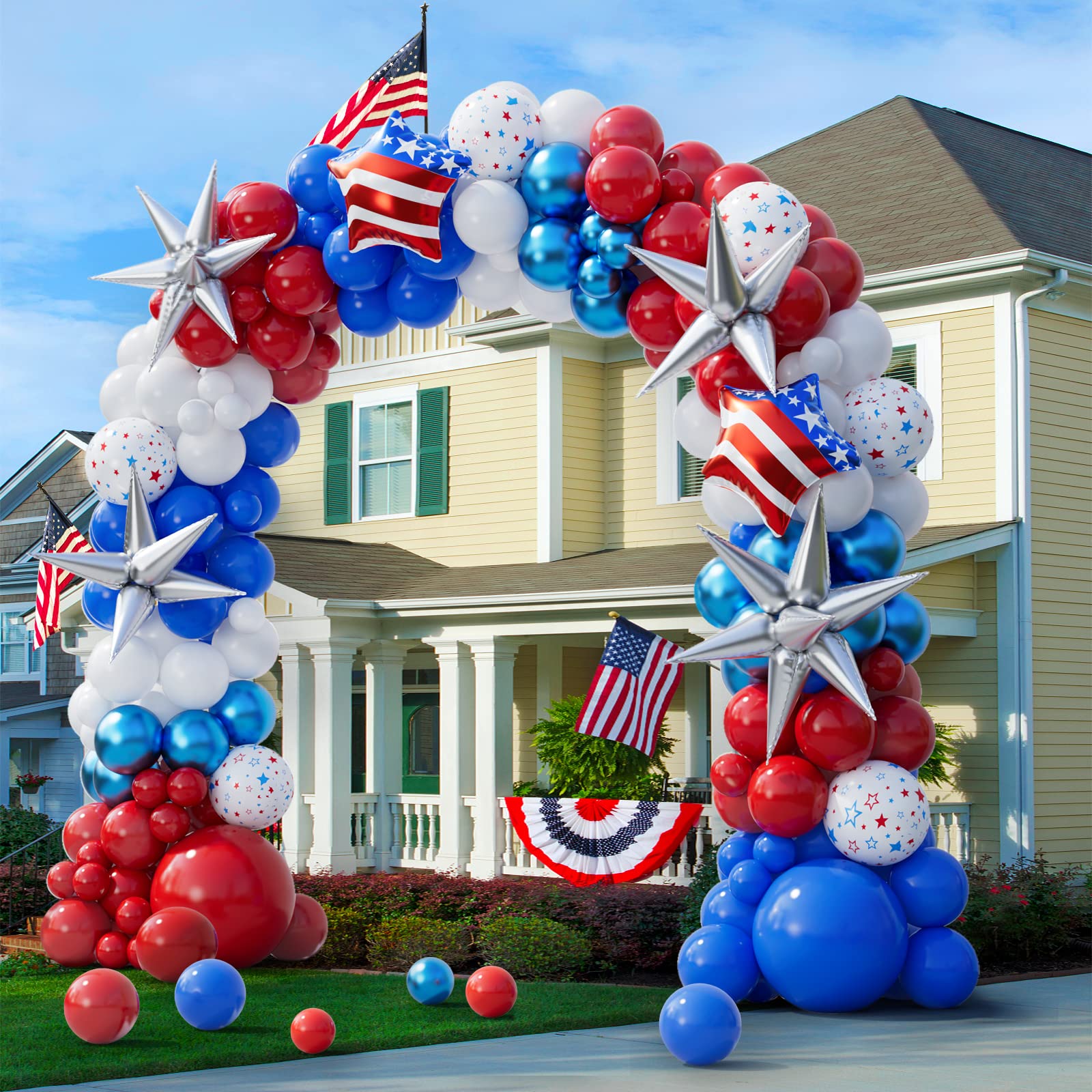 151pcs Red White and Blue Balloon Garland Arch Kit Patriotic Decorations with Exploding Star Balloons for Graduation Party Supplies Nautical Party Veterans Memorial Day 4th of July Baseball Party