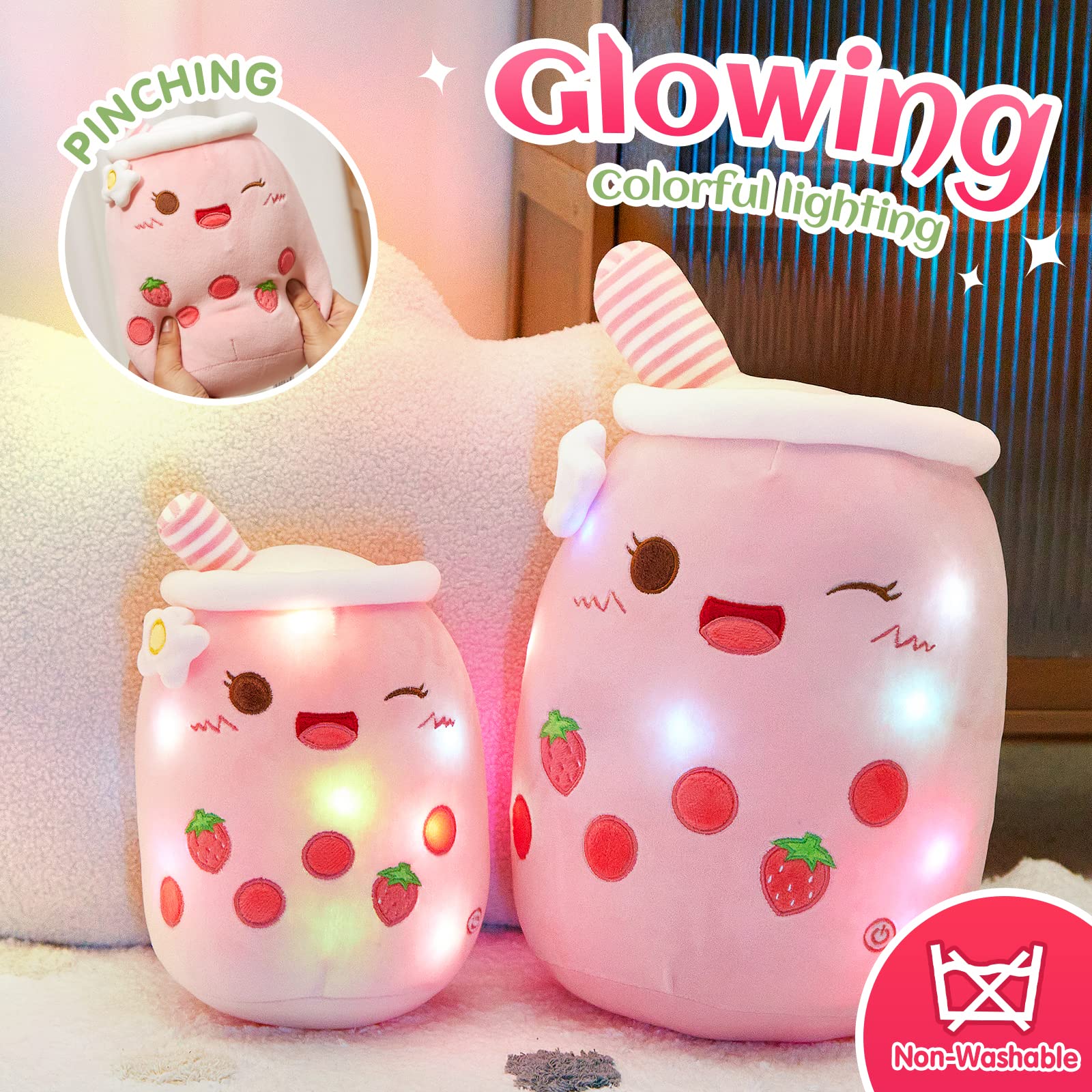 Athoinsu Light Up Strawberry Milky Tea Plush Pillow 15'' Kawaii Stuffed Bubble Animal Toy with LED Lights Birthday Christmas Holiday Valentines Gifts for Kids,Girls,Boys