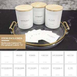 Ezebesta 3PCS Farmhouse 13.53oz White Bathroom Canisters with 12 Labels & Wooden Lid Thick Glass Jar Set Qtip Holder for Cotton Ball & Pads Storage Organization Minimalist Decor