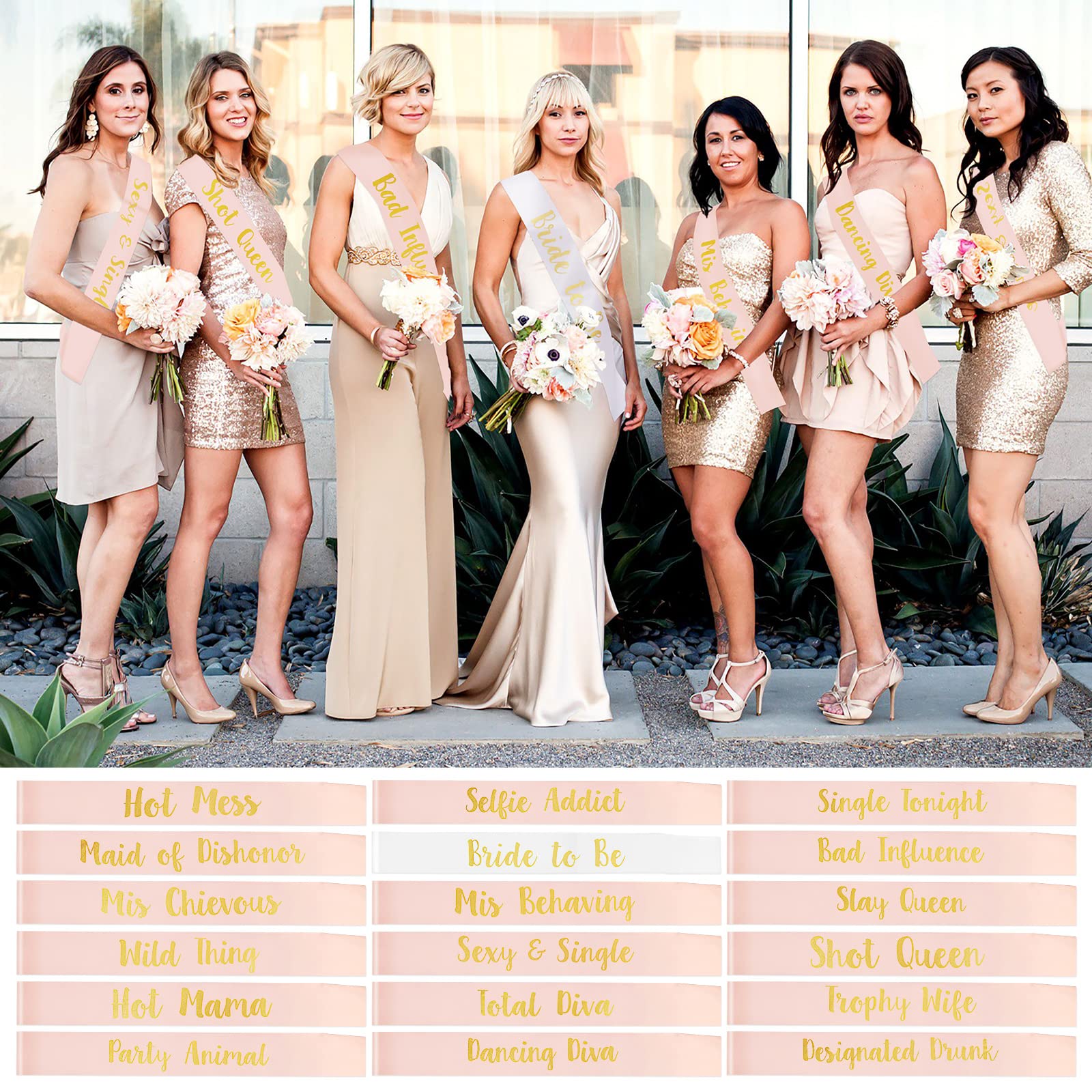 PHOGARY 18 Pack Bachelorette Sashes for Bridal Party - 1 White Bride to Be Sash with 17 Rose Gold Team Bride Sashes - Funny Sashes Set for Bachelorette Party Hen Party Bridal Shower Wedding Party