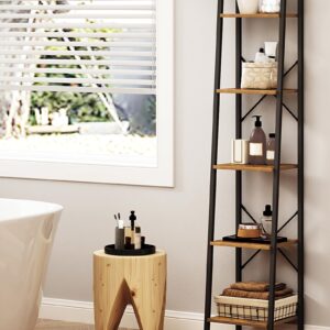 Hzuaneri Ladder Shelf, Bookshelf Bookcase, Freestanding Corner Storage Shelve with 2 Hooks for Home Office, Living Room, Kitchen, Bedroom, Industrial, 5-Tier Rustic Brown BC03201B