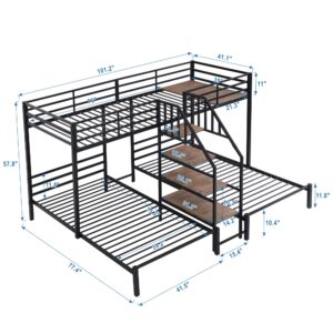 LZ LEISURE ZONE Metal Twin Over Twin & Twin Bunk Bed, Twin Triple Bunk Bed with Storage, Shelves and Staircase, Bunk Bed Twin Size, No Box Spring Needed, Black