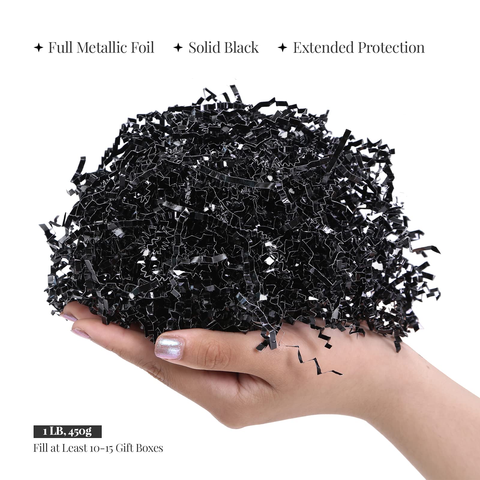 PAPER FAIR 1 LB Metallic Black Easter Grass Crinkle Cut Paper, Raffia Tissue Paper Filler Shred Strand Craft Bedding Cushion, Graduation, Halloween for Gift Basket Boxes