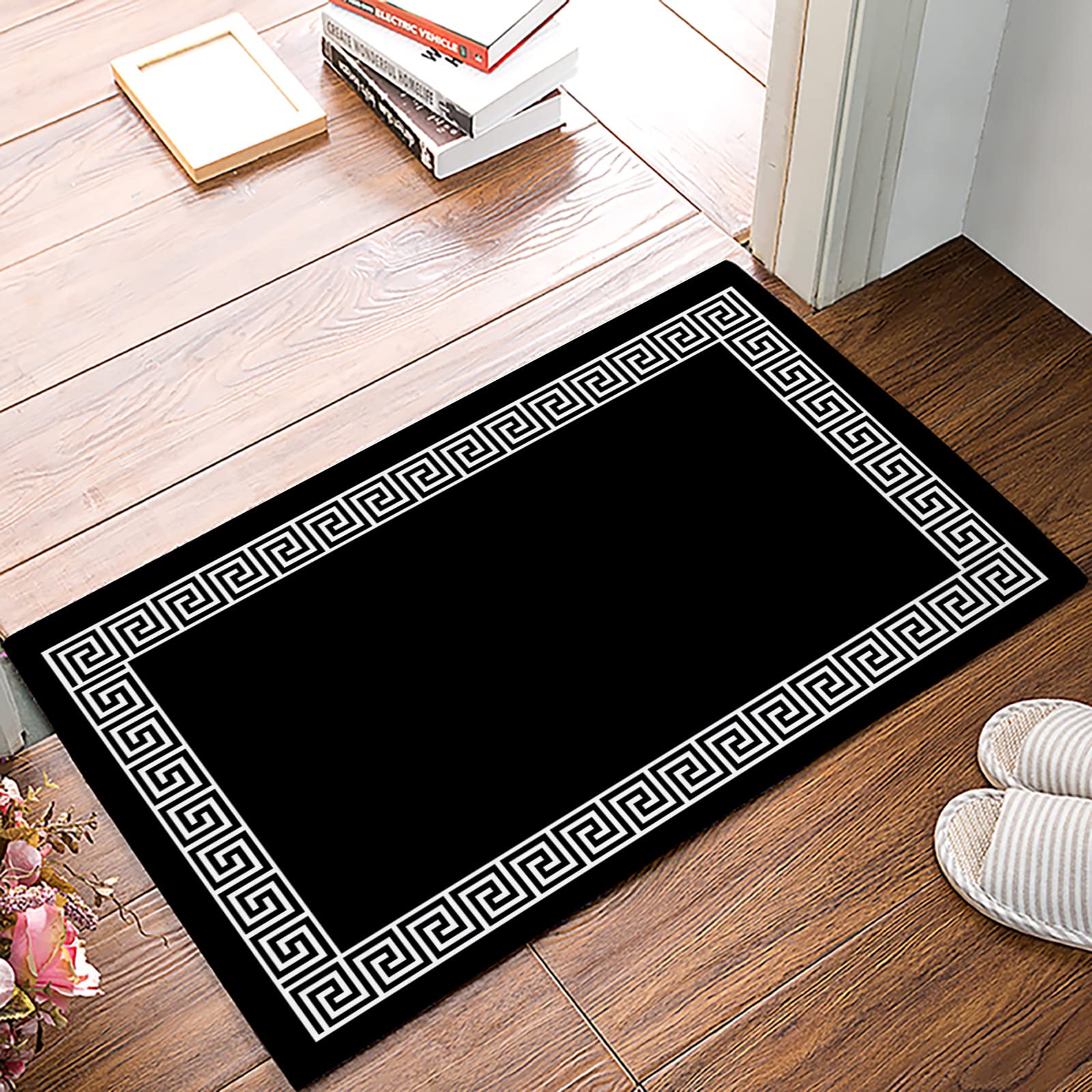 Welcome Rectangular Door Mat Black Greek Key Pattern Geometric Entrance Way Rugs Doormats Soft Non-Slip Washable Bath Rugs Floor Mats for Home Bathroom Kitchen 16x24 Inch