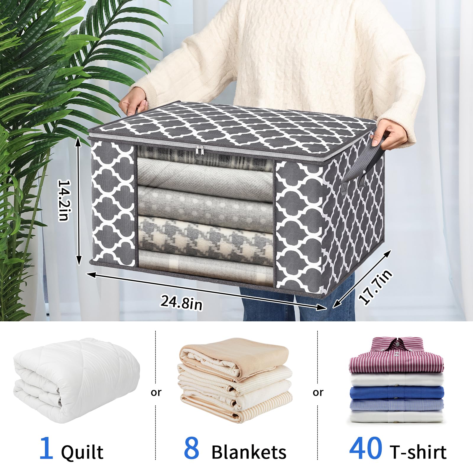 Fixwal Clothes Storage 3 Pack 100L Storage Containers Foldable Blanket Storage Bags for Organizing Clothing Bedroom Comforter Closet Dorm Sweater Quilts Organizer Grey