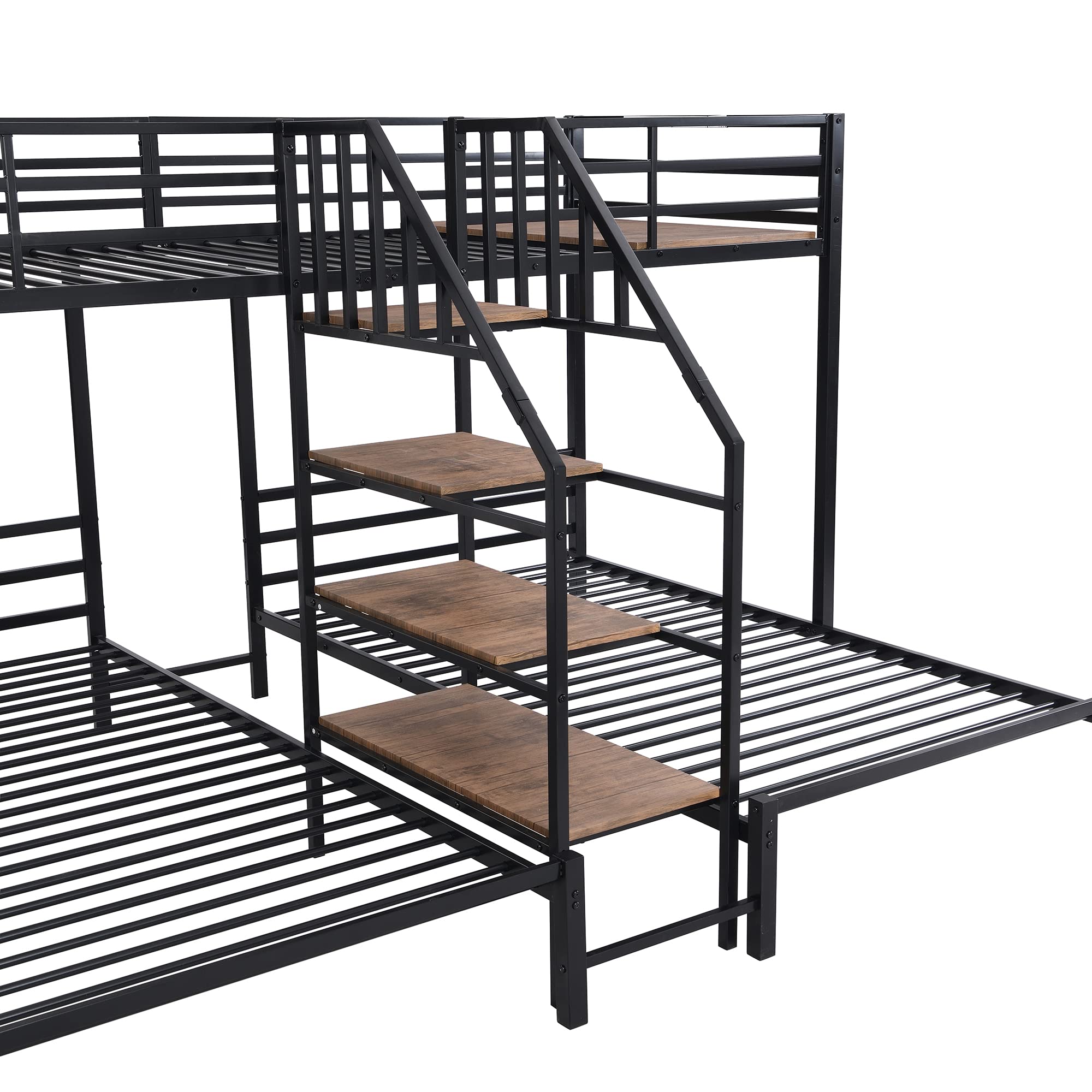 LZ LEISURE ZONE Metal Twin Over Twin & Twin Bunk Bed, Twin Triple Bunk Bed with Storage, Shelves and Staircase, Bunk Bed Twin Size, No Box Spring Needed, Black