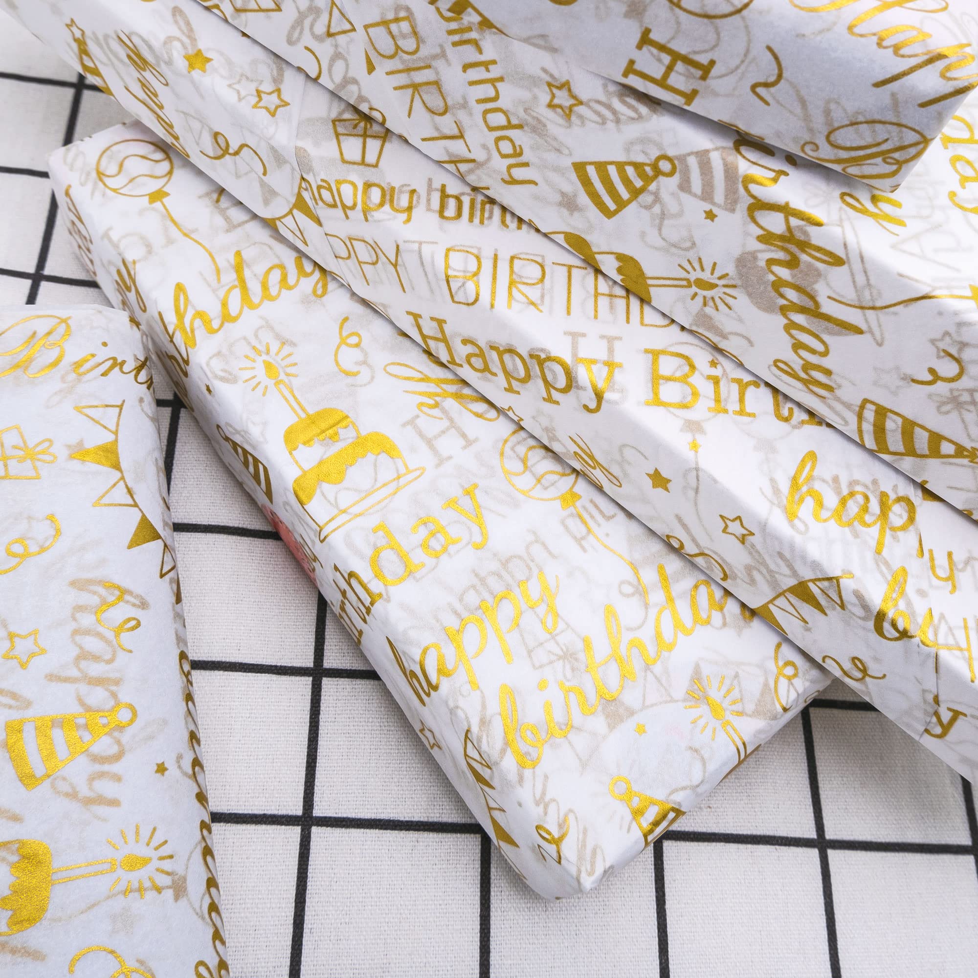 MR FIVE Large Size Gold Birthday Tissue Paper Bulk,20" x 28",White with Gold Happy Birthday Design Tissue Paper for Gift Bags,Gold Happy Birthday Tissue Paper for Birthday Party,30 Sheets