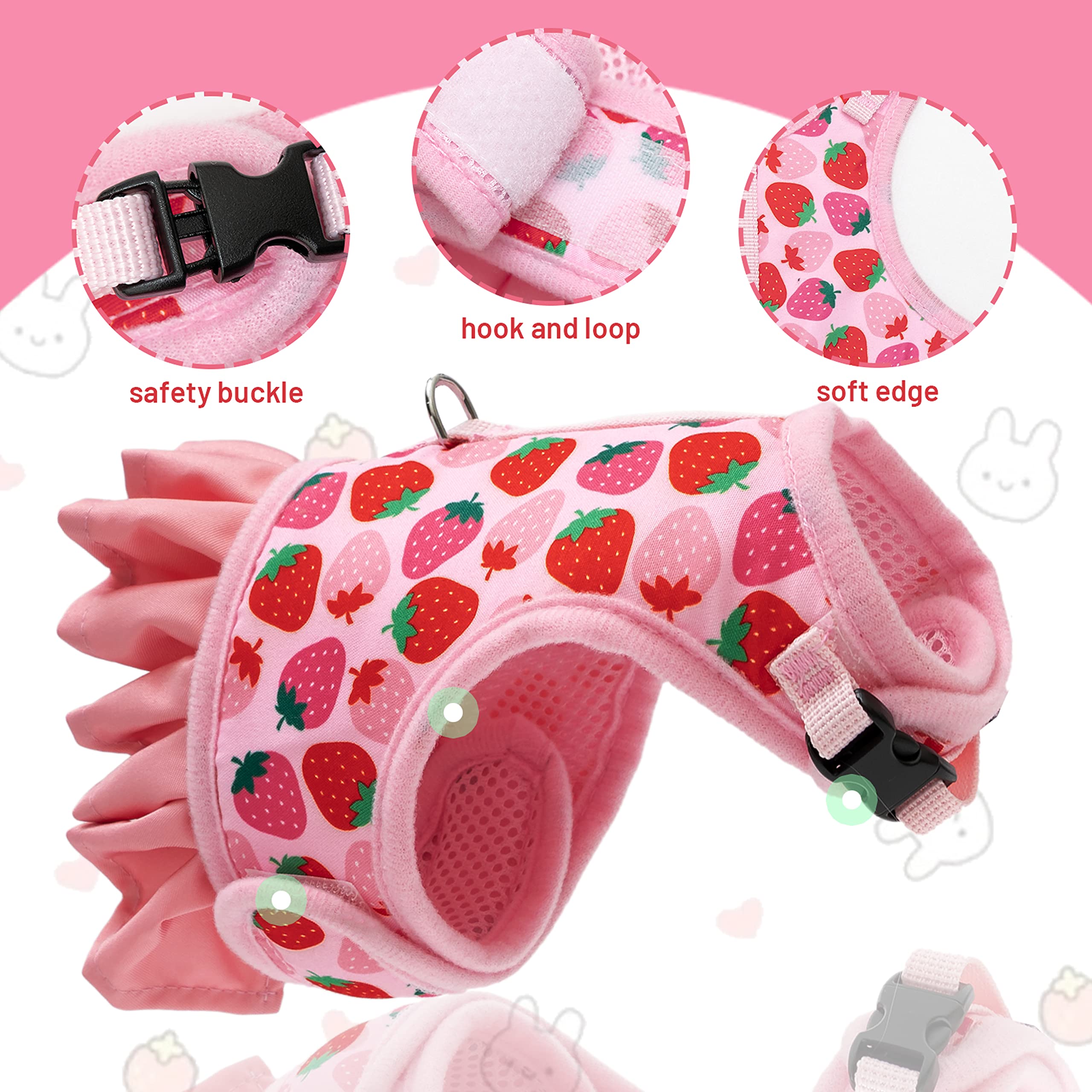 Rabbit Harness and Leash for Walking Escape Proof - Cute Strawberry Pattern Pink Mesh Breathable Bunny Vest Harness Outdoor Camping Hiking Training - Also Suit for Ferret Kitten Puppy Small Animals