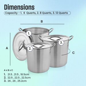 MARBELLA 6 pcs set (6/8/12) Quart Stainless Steel Stockpot with Lid Food Grade Heavy Duty Multipurpose Stock Pot for Stew, Simmering, Soup Pot, Gas and Dishwasher Safe Rust Free Cookware Silver