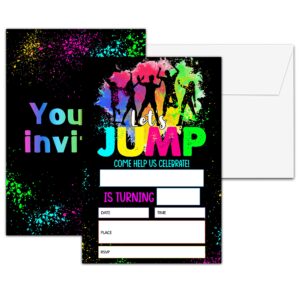 jump birthday party invitations, trampoline park birthday invitation, double-sided splatter paint fill in invites, kids bounce house birthday party decorations, 20 cards with 20 envelopes(c13)