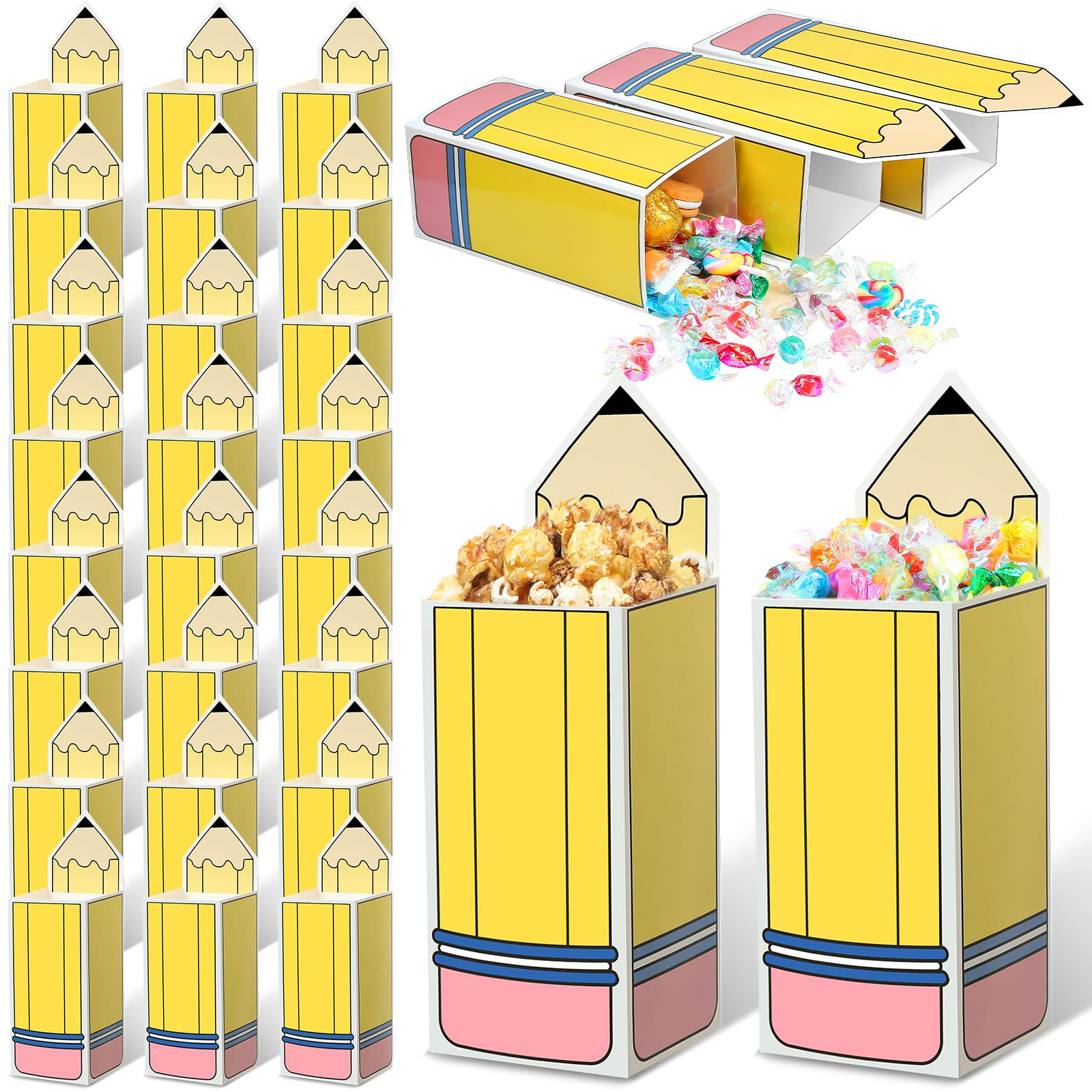 Harloon 24 Pcs Back to School Pencil Candy Boxes Popcorn Holders Teacher Gift Bags Party Favors Welcome Back to School Candy Treat Boxes for Thanks Teacher School Classroom Decoration(Yellow)