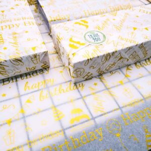 MR FIVE Large Size Gold Birthday Tissue Paper Bulk,20" x 28",White with Gold Happy Birthday Design Tissue Paper for Gift Bags,Gold Happy Birthday Tissue Paper for Birthday Party,30 Sheets