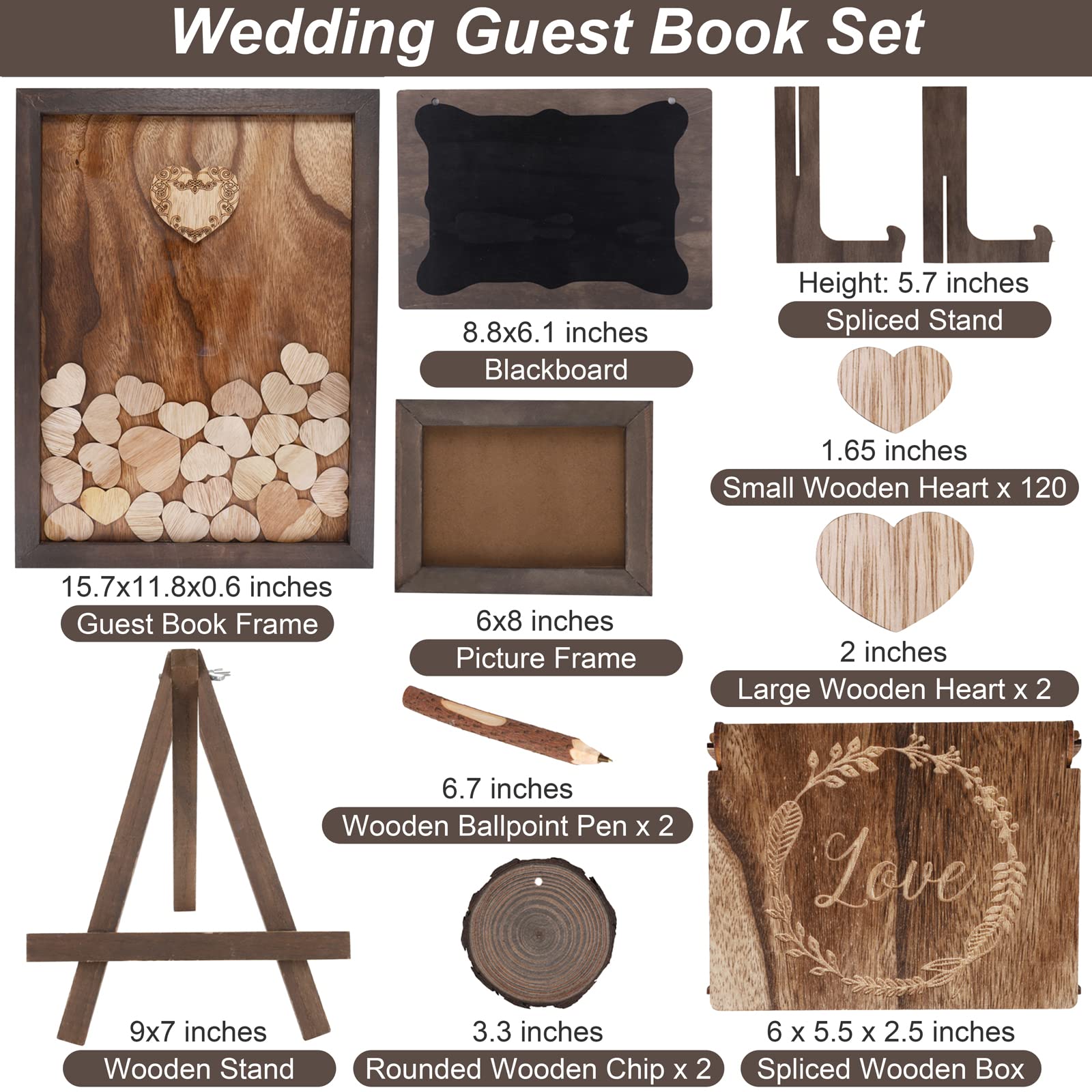 durony Wedding Guest Book Set Drop Top Frame Sign Book with 122 Pieces Wooden Hearts Wooden Picture Frame Rustic Wedding Decorations for Reception Wedding Gift, Log Brown