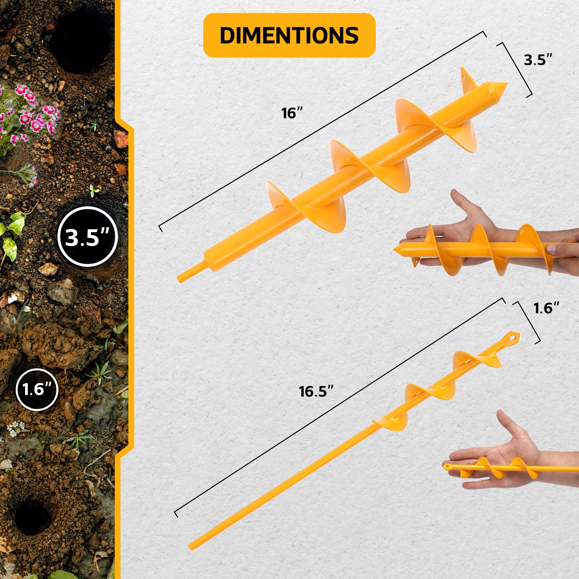 NAFOGAR Garden Auger Drill Bit for Planting 2 Pack - 1.6 x 16.5 Inch & 3.5 x 16 Inch - Garden Ground Earth Spiral Drill Bit & Bulb Planter Tool, Bedding Plants, Umbrella Holes - 3/8" Hex Drive Drill