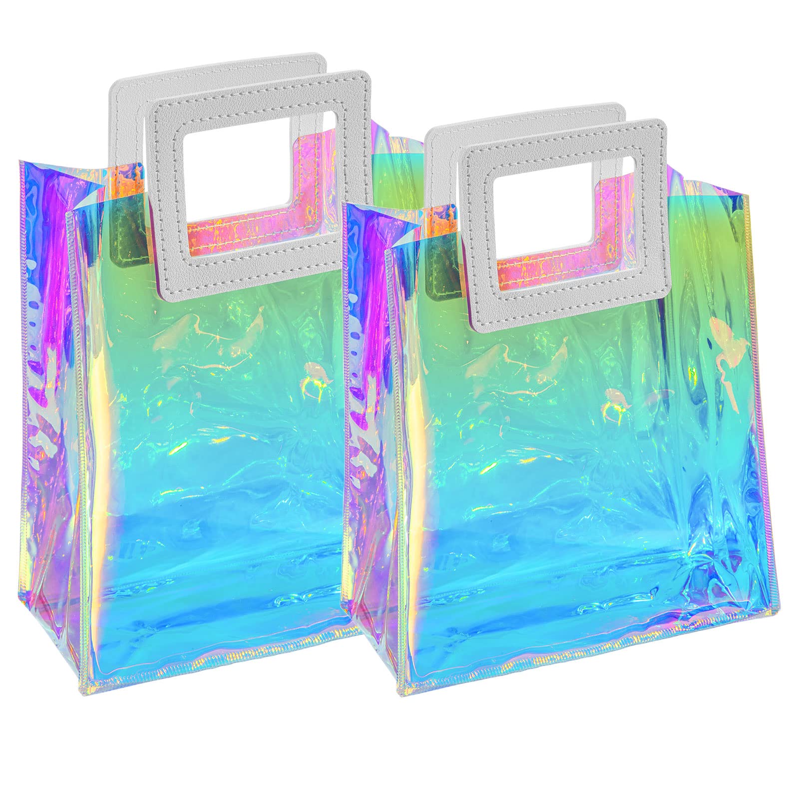 Holographic Small Gift Bags 2 Pack 7.9 * 7.1 * 3.9 Inch with Handles for Women, Girls, Birthday, Christmas, Bachelorette Party Favors, Shopping Reusable Clear Gift Wrap Bag