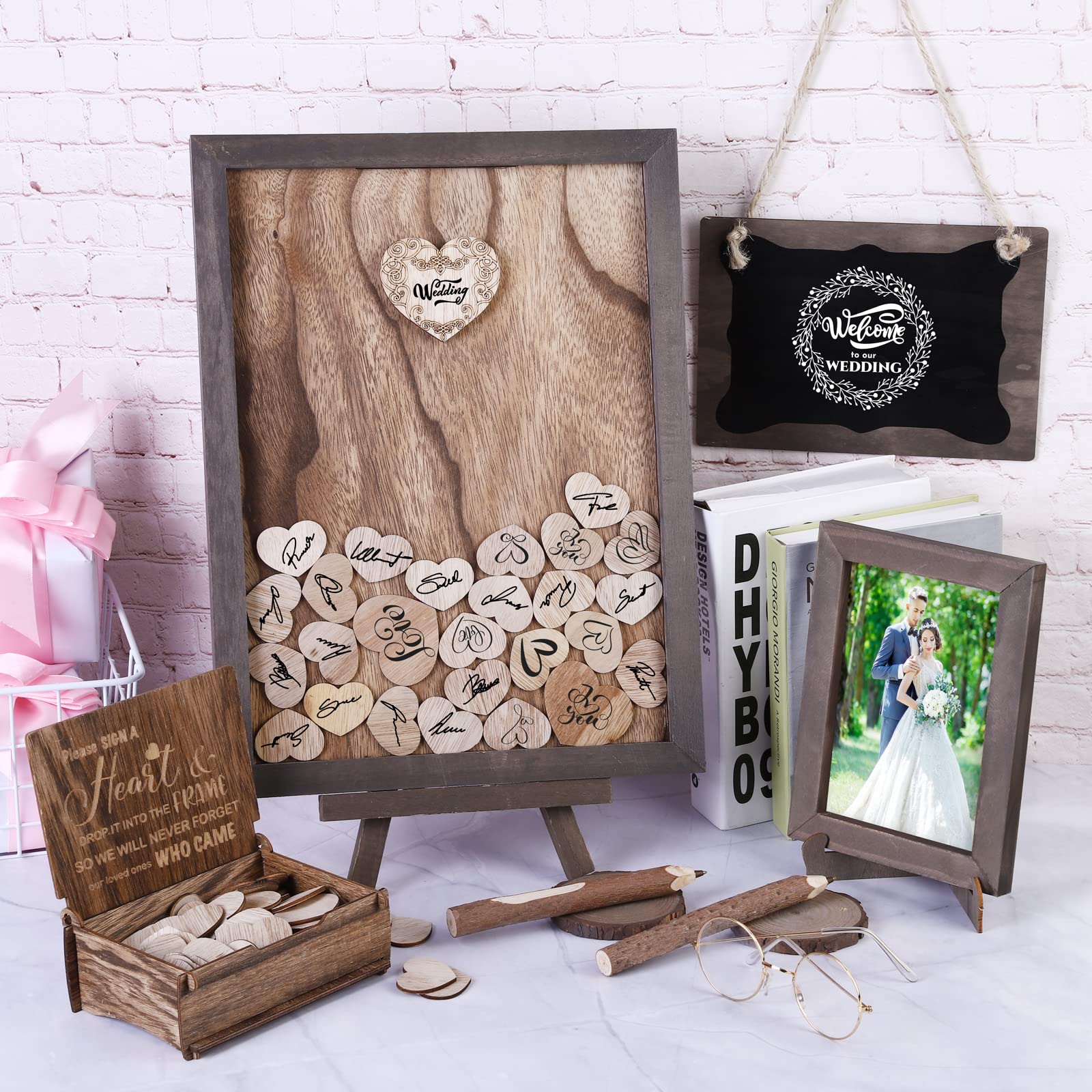 durony Wedding Guest Book Set Drop Top Frame Sign Book with 122 Pieces Wooden Hearts Wooden Picture Frame Rustic Wedding Decorations for Reception Wedding Gift, Log Brown