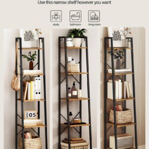 Hzuaneri Ladder Shelf, Bookshelf Bookcase, Freestanding Corner Storage Shelve with 2 Hooks for Home Office, Living Room, Kitchen, Bedroom, Industrial, 5-Tier Rustic Brown BC03201B