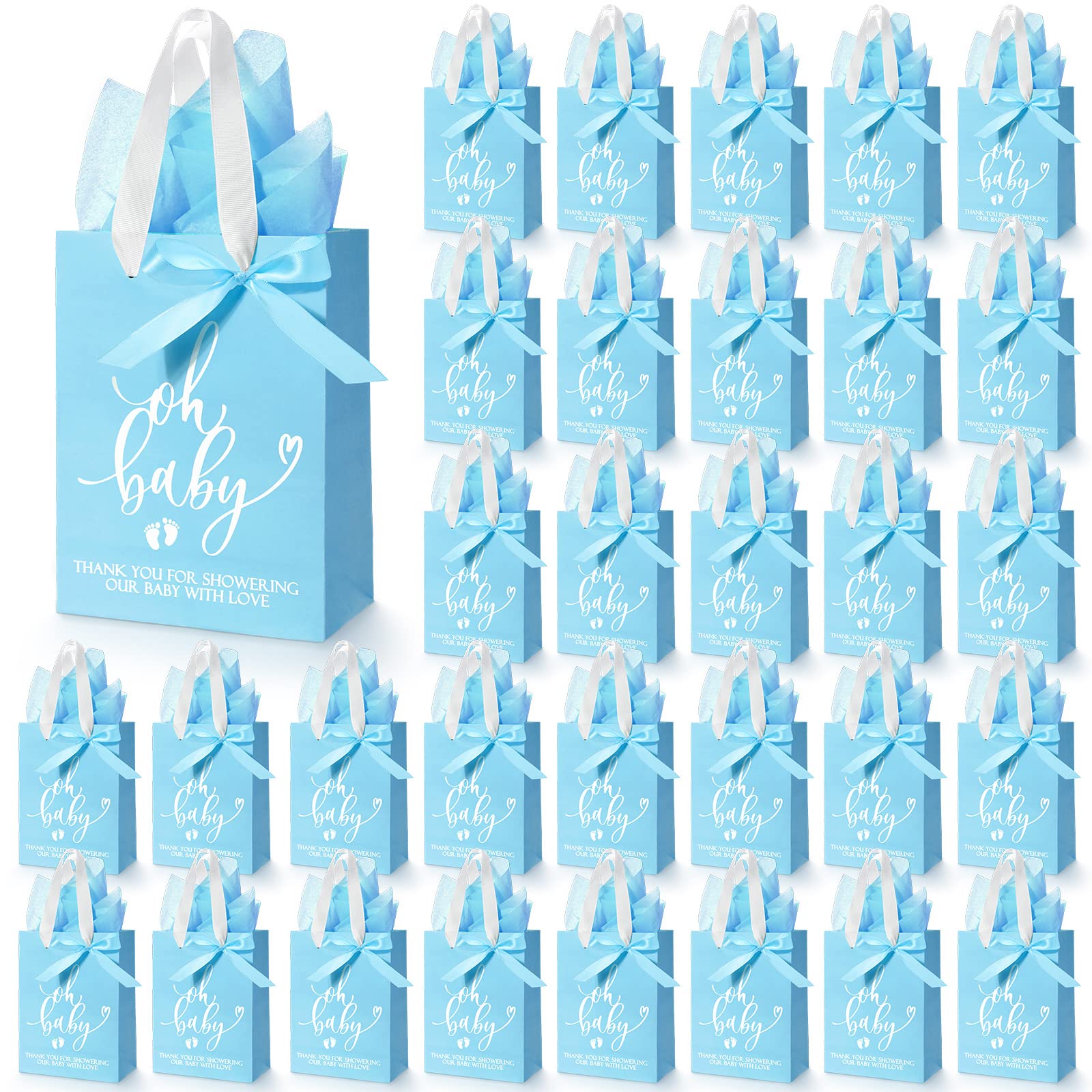 PerKoop 50 Pack Baby Shower Gifts Bag with Tissue Papers Baby Shower Bag with Handle Paper Gift Bag and 50 Sheets Decorative Tissue Paper for Guests Gifts Gender Reveal Baby Shower Favors (Blue)