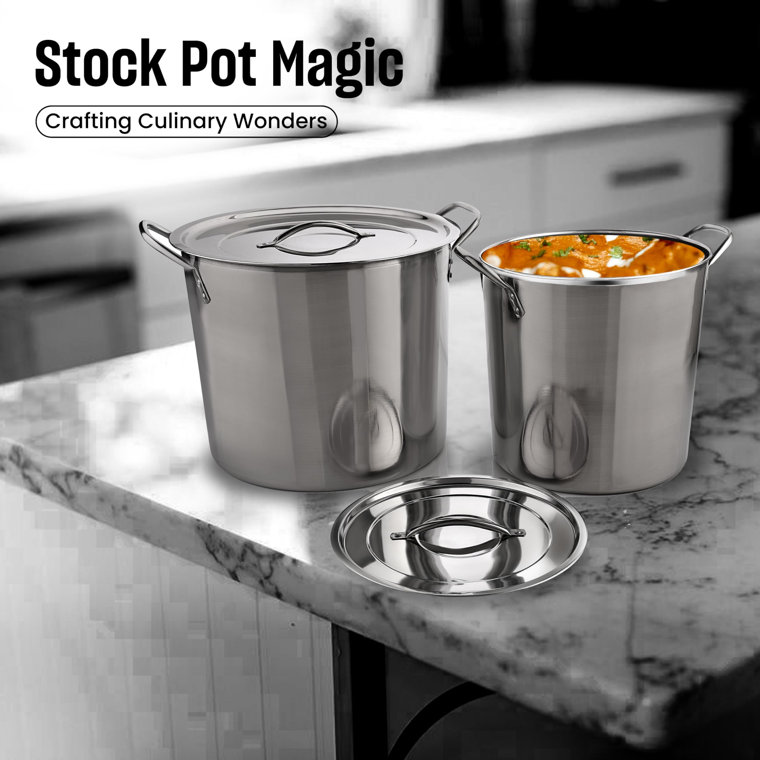 MARBELLA 4 pcs set (8/12) Quart Stainless Steel Stockpot with Lid Food Grade Heavy Duty Multipurpose Stock Pot for Stew, Simmering, Soup Pot, Gas and Dishwasher Safe Rust Free Cookware Silver