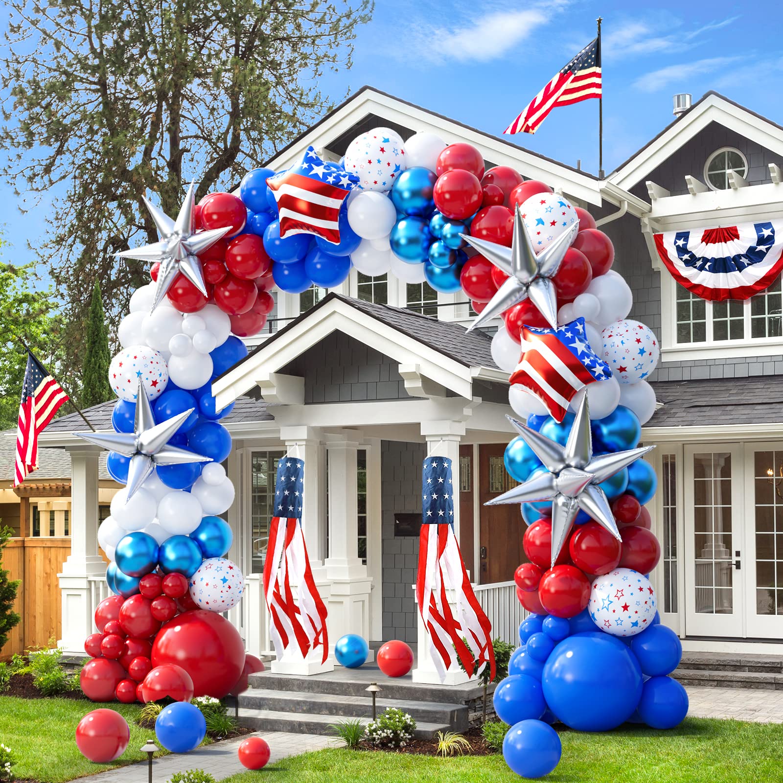 151pcs Red White and Blue Balloon Garland Arch Kit Patriotic Decorations with Exploding Star Balloons for Graduation Party Supplies Nautical Party Veterans Memorial Day 4th of July Baseball Party