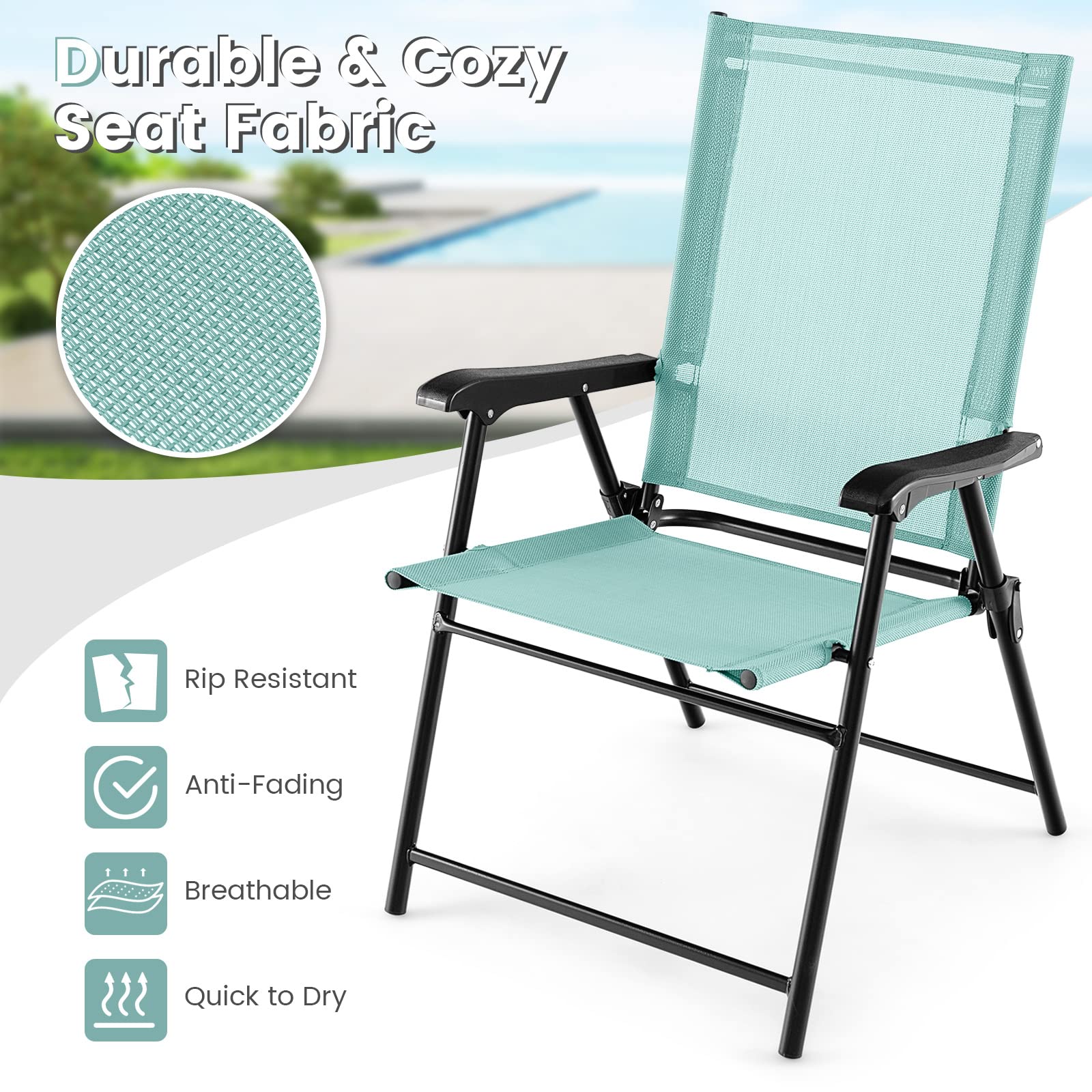 Giantex Patio Chairs Set of 4, Folding Patio Chairs for Deck Beach Camping Dining Picnic, Portable Sling Back Chairs Space Saving Turquoise