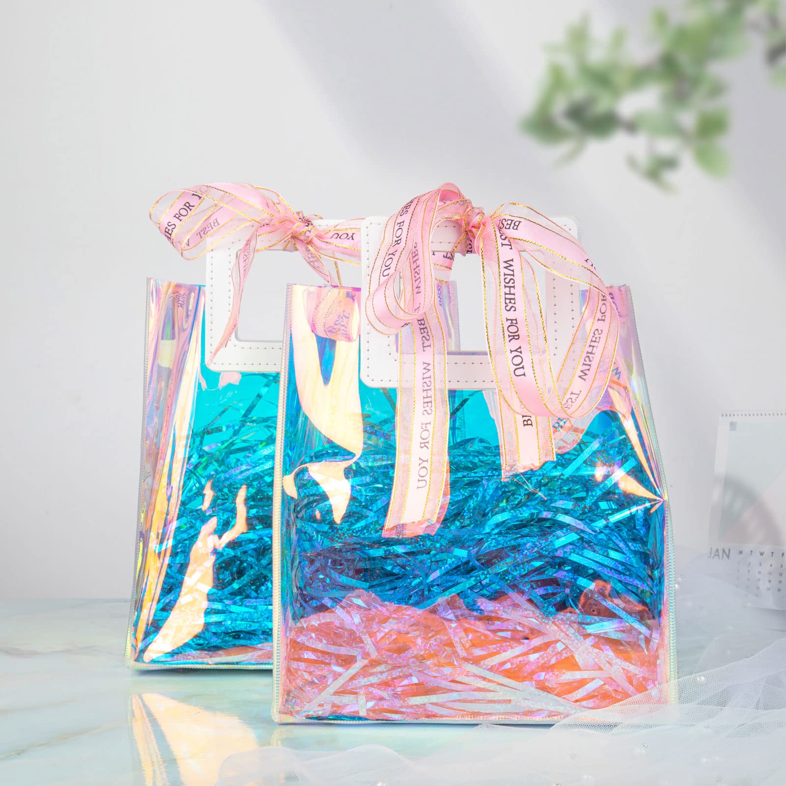 Holographic Small Gift Bags 2 Pack 7.9 * 7.1 * 3.9 Inch with Handles for Women, Girls, Birthday, Christmas, Bachelorette Party Favors, Shopping Reusable Clear Gift Wrap Bag