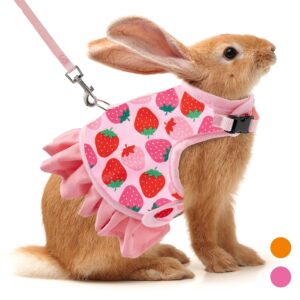 rabbit harness and leash for walking escape proof - cute strawberry pattern pink mesh breathable bunny vest harness outdoor camping hiking training - also suit for ferret kitten puppy small animals