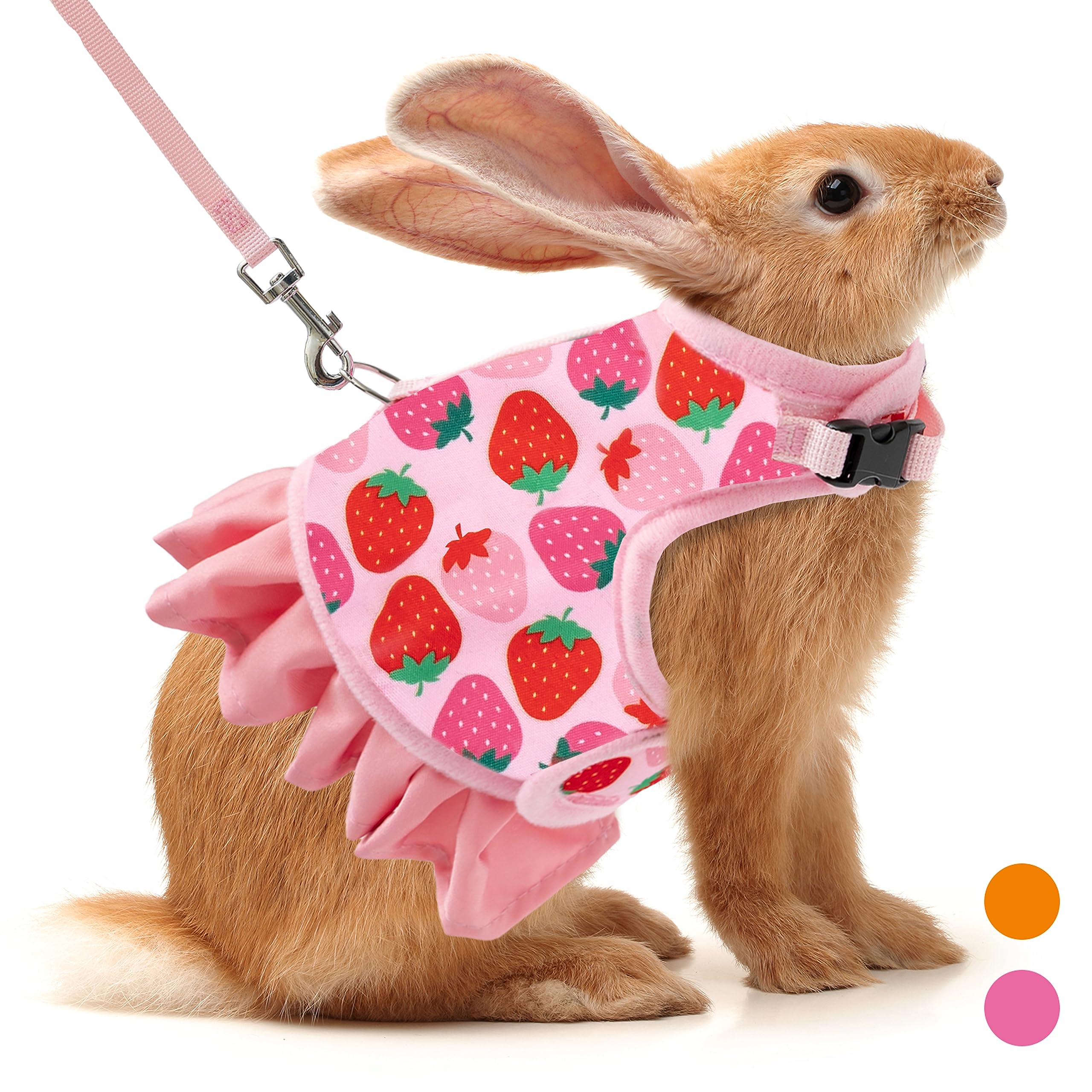 Rabbit Harness and Leash for Walking Escape Proof - Cute Strawberry Pattern Pink Mesh Breathable Bunny Vest Harness Outdoor Camping Hiking Training - Also Suit for Ferret Kitten Puppy Small Animals