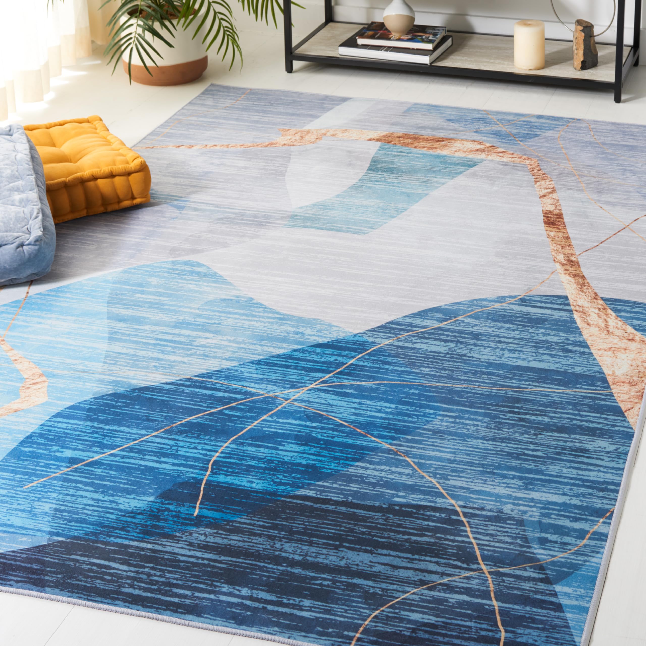 SAFAVIEH Tacoma Collection Area Rug - 6' x 9', Blue & Gold, Mid-Century Modern Design, Non-Shedding & Easy Care, Machine Washable Ideal for High Traffic Areas in Living Room, Bedroom (TAC836M)