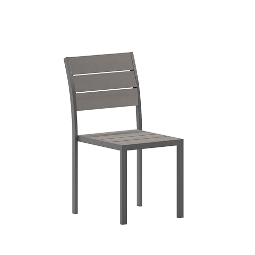 Flash Furniture Finch Commercial Grade Armless Patio Chair, Stackable Side Chair with Faux Teak Poly Slats and Metal Frame, Gray/Gray