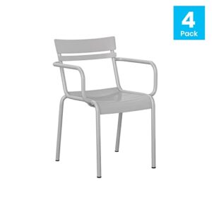 Flash Furniture Nash Commercial Grade Steel Indoor-Outdoor Stackable Chair with 2 Slats and Arms, Set of 4, Silver