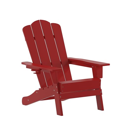 Flash Furniture Newport Adirondack Chair with Cup Holder, Weather Resistant Poly Resin Adirondack Chair, Red