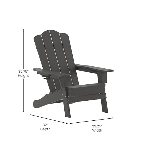 Flash Furniture Newport Adirondack Chair with Cup Holder, Weather Resistant Poly Resin Adirondack Chair, Gray