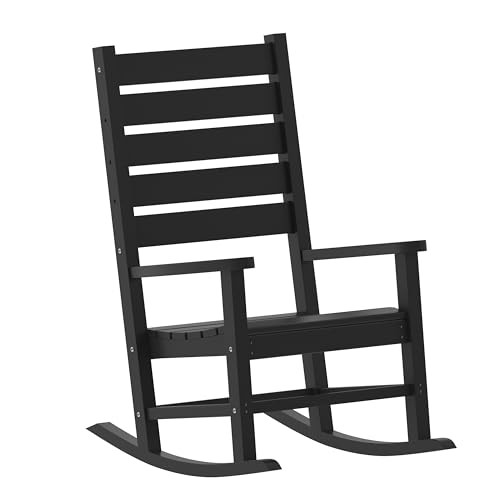 Flash Furniture Manchester Commercial Grade Outdoor Rocking Chair, All-Weather HDPE Indoor/Outdoor Rocker, Black