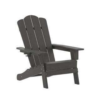 flash furniture newport adirondack chair with cup holder, weather resistant poly resin adirondack chair, gray