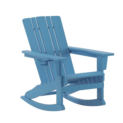 Flash Furniture Halifax Adirondack Rocking Chair with Cup Holder, Weather Resistant Poly Resin Adirondack Rocking Chair, Blue