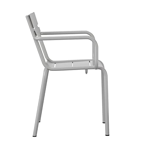 Flash Furniture Nash Commercial Grade Steel Indoor-Outdoor Stackable Chair with 2 Slats and Arms, Set of 4, Silver