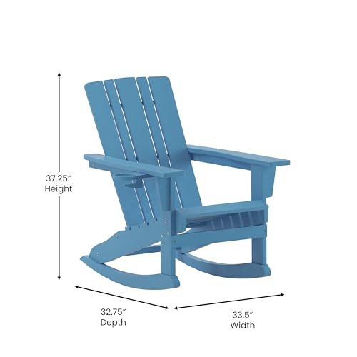 Flash Furniture Halifax Adirondack Rocking Chair with Cup Holder, Weather Resistant Poly Resin Adirondack Rocking Chair, Blue