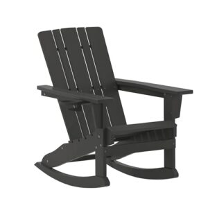 flash furniture halifax adirondack rocking chair with cup holder, weather resistant poly resin adirondack rocking chair, black