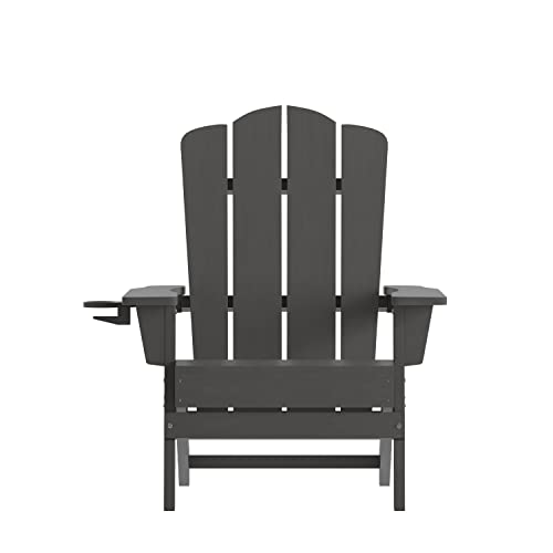 Flash Furniture Newport Adirondack Chair with Cup Holder, Weather Resistant Poly Resin Adirondack Chair, Gray