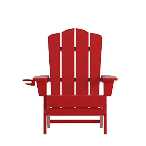 Flash Furniture Newport Adirondack Chair with Cup Holder, Weather Resistant Poly Resin Adirondack Chair, Red