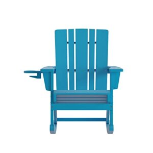 Flash Furniture Halifax Adirondack Rocking Chair with Cup Holder, Weather Resistant Poly Resin Adirondack Rocking Chair, Blue