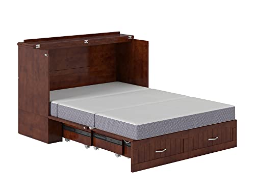 AFI Southampton Full Murphy Bed Chest with Mattress, Storage, and Built-in Charger in Walnut