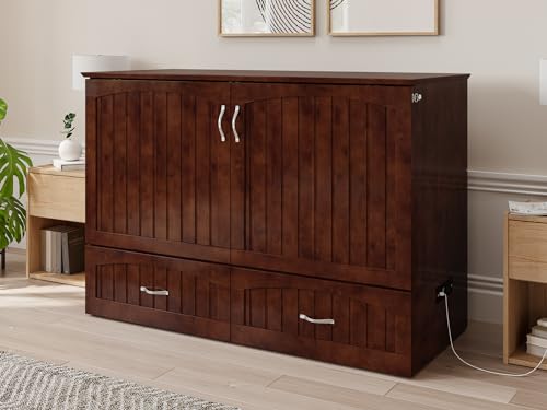 AFI Southampton Full Murphy Bed Chest with Mattress, Storage, and Built-in Charger in Walnut