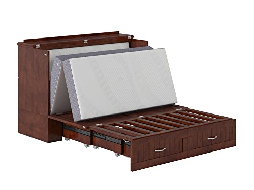 AFI Southampton Full Murphy Bed Chest with Mattress, Storage, and Built-in Charger in Walnut